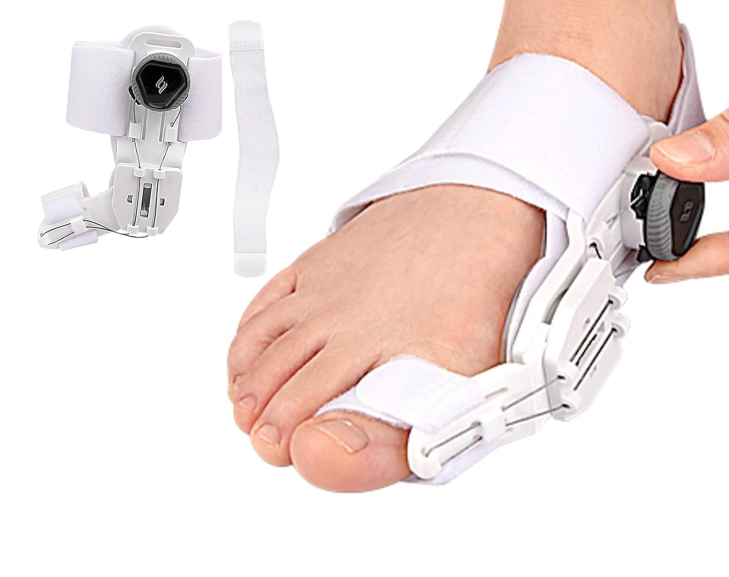 Correcteur d'hallux valgus OrthoFlex porté sur un pied, vue de face et vue du produit seul